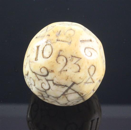 A rare English ivory Teetotum gambling ball, mid 18th century, approx. 1.9in. diameter